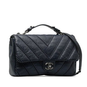 Chanel blue 2WAY stitch leather V handbag shoulder Cocomark silver bag